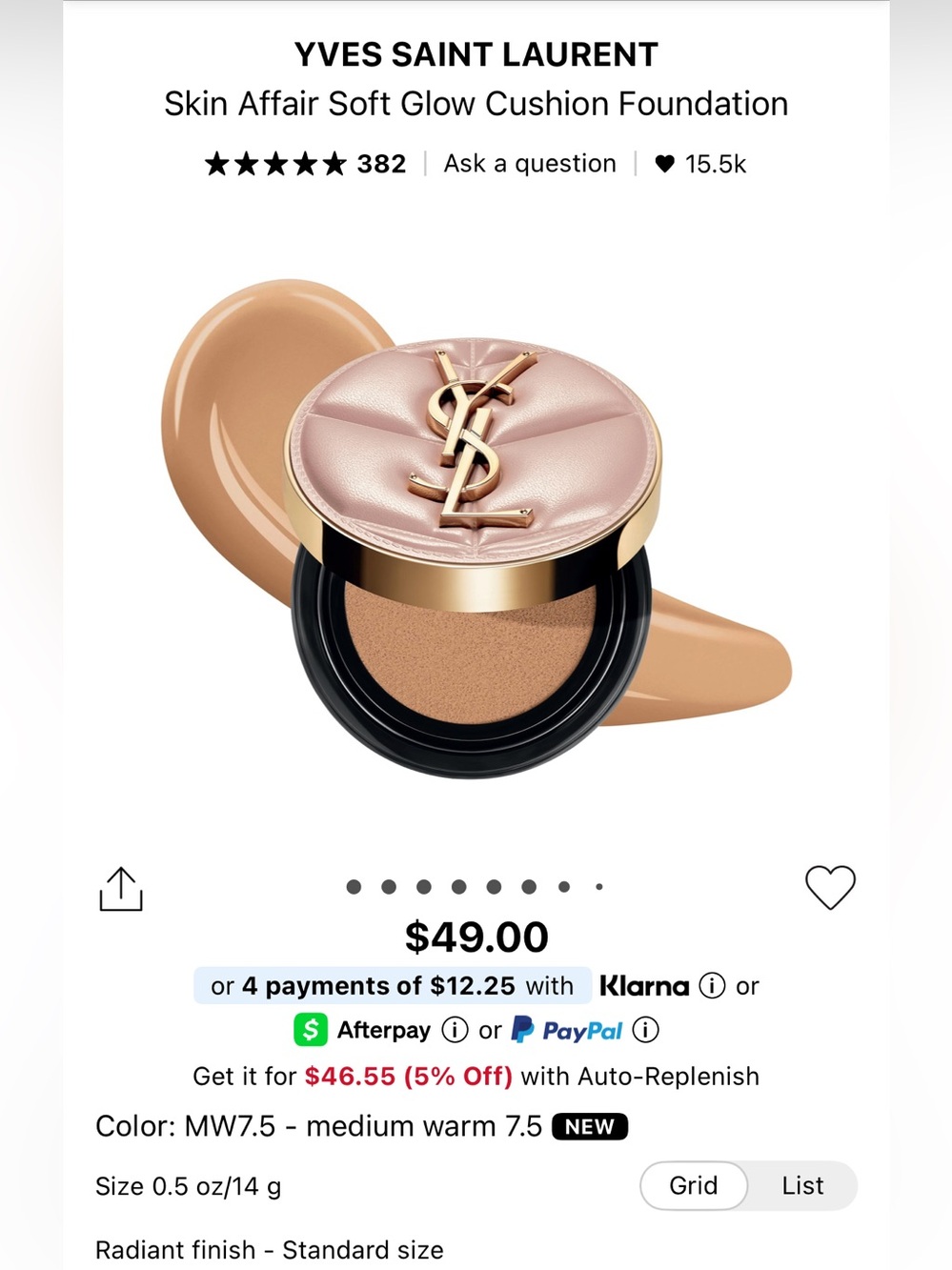 YSL Yves Saint Laurent Soft Glow Cushion Foundation Color: MW7.5 - medium warm